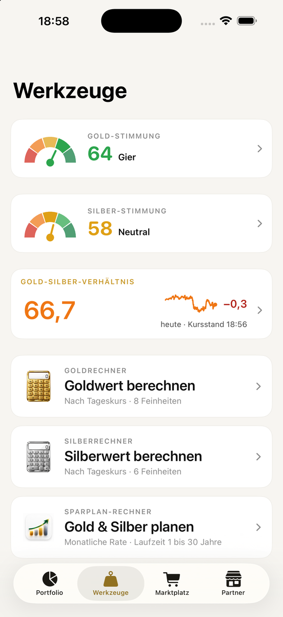 Werkzeuge-Bildschirm: ohne Marktkurse steht dort „Keine Kurse verfügbar“ statt einer geschätzten Zahl.