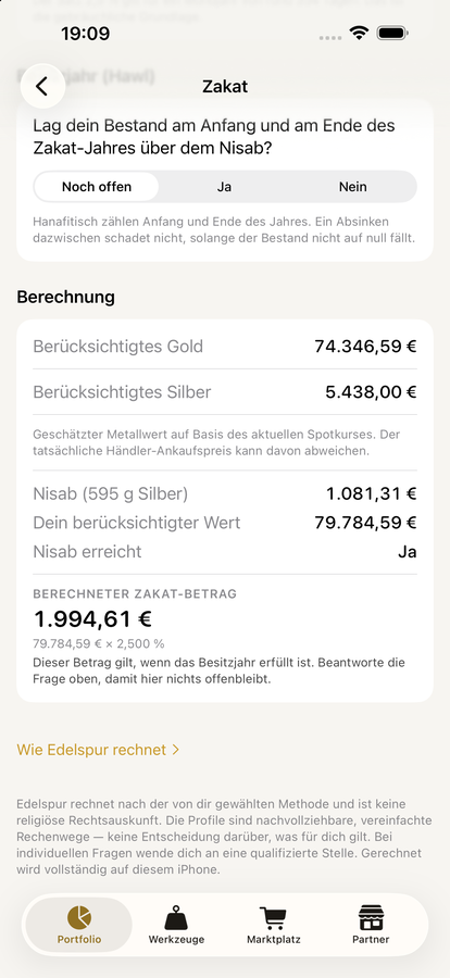 Zakat-Rechnung als Blatt: Methode Hanafi, Nisab und die Kurse mit Stand.